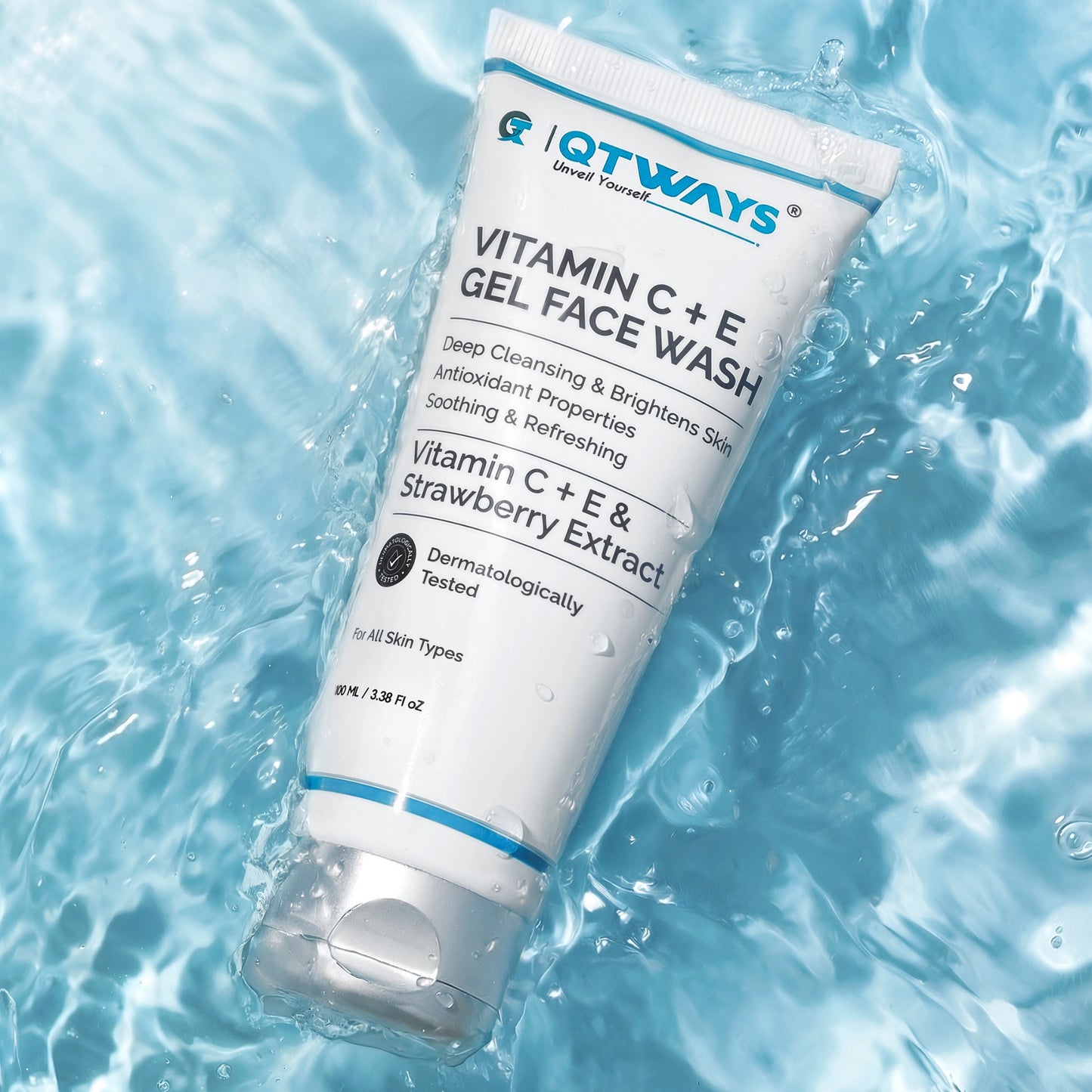 Qtways Vitamin C + E Gel Face Wash in water splash for deep cleansing, hydration and brighter skin.