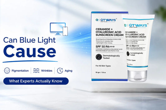 QTWAYS SPF 50 PA+++ sunscreen banner discussing blue light, pigmentation, wrinkles, and skin aging with product packaging display.