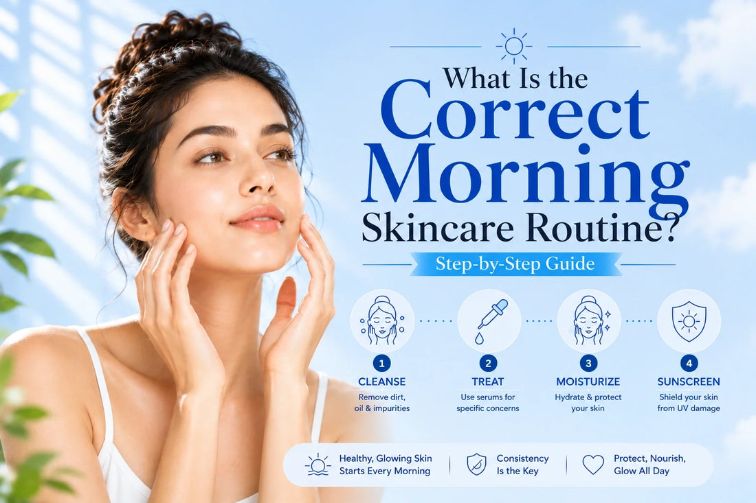 Correct morning skincare routine with cleanser, treatment serum, moisturizer, and sunscreen for healthy, protected skin.