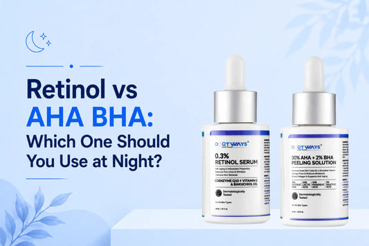 QTWAYS Retinol vs AHA BHA skincare comparison featuring 0.3% Retinol Serum and 30% AHA + 2% BHA Peeling Solution for nighttime skincare routine, anti-aging, acne, exfoliation, and smoother-looking skin.