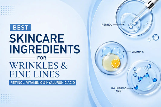 Best skincare ingredients for wrinkles and fine lines, including retinol, vitamin C, and hyaluronic acid for an anti-aging skincare routine.