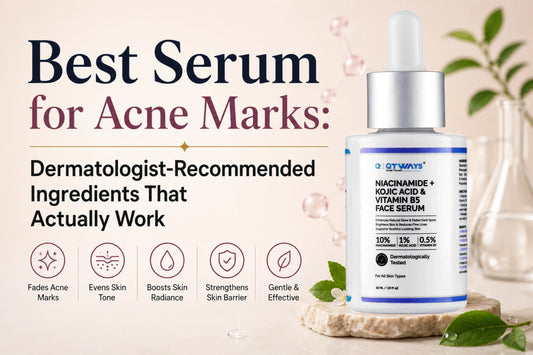 Best serum for acne marks featuring QTWAYS Niacinamide, Kojic Acid & Vitamin B5 Face Serum with dermatologist-recommended ingredients for brighter, clearer skin.
