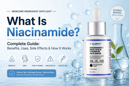 What is Niacinamide? Complete guide to niacinamide benefits, uses, side effects, how it works, and QTWAYS Niacinamide + Kojic Acid Face Serum for brighter, clearer skin.