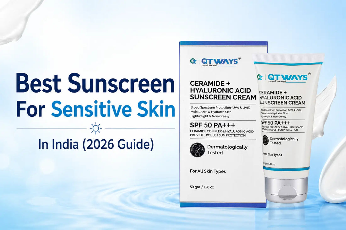 Best Sunscreen for Sensitive Skin in India blog banner featuring Qtways Ceramide + Hyaluronic Acid Sunscreen Cream SPF 50 PA+++ with lightweight, non-greasy broad-spectrum UV protection for all skin types.