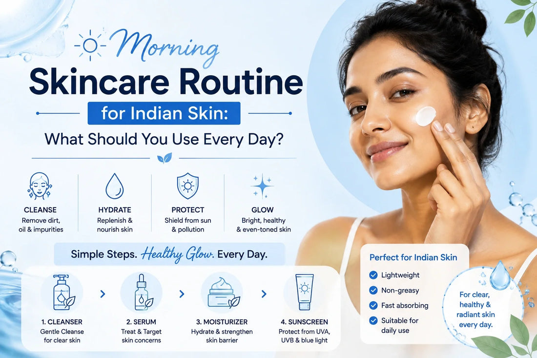 Morning skincare routine for Indian skin with cleanser, serum, moisturizer, and sunscreen for healthy, radiant skin.