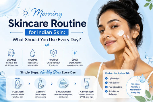 Morning skincare routine for Indian skin with cleanser, serum, moisturizer, and sunscreen for healthy, radiant skin.