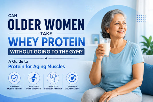 Older woman drinking whey protein, highlighting the role of protein in supporting muscle health, bone strength, energy, and recovery with aging.