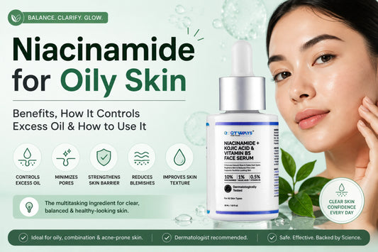 Niacinamide for oily skin guide explaining how niacinamide controls excess oil, minimizes pores, strengthens the skin barrier, reduces blemishes, and improves skin texture with QTWAYS Niacinamide Face Serum.