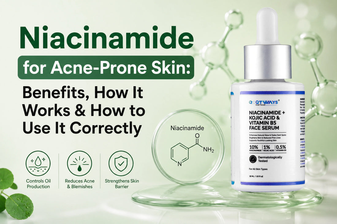 Niacinamide for acne-prone skin featuring QTWAYS Niacinamide, Kojic Acid & Vitamin B5 Face Serum with benefits, usage guide, and skin barrier support for clearer skin.