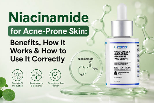 Niacinamide for acne-prone skin featuring QTWAYS Niacinamide, Kojic Acid & Vitamin B5 Face Serum with benefits, usage guide, and skin barrier support for clearer skin.