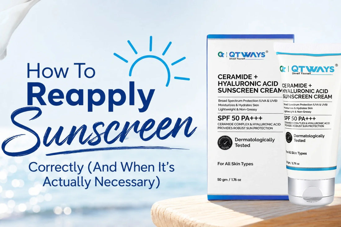 QTWAYS SPF 50 PA+++ sunscreen banner about correct sunscreen reapplication with product packaging and beach-themed background.