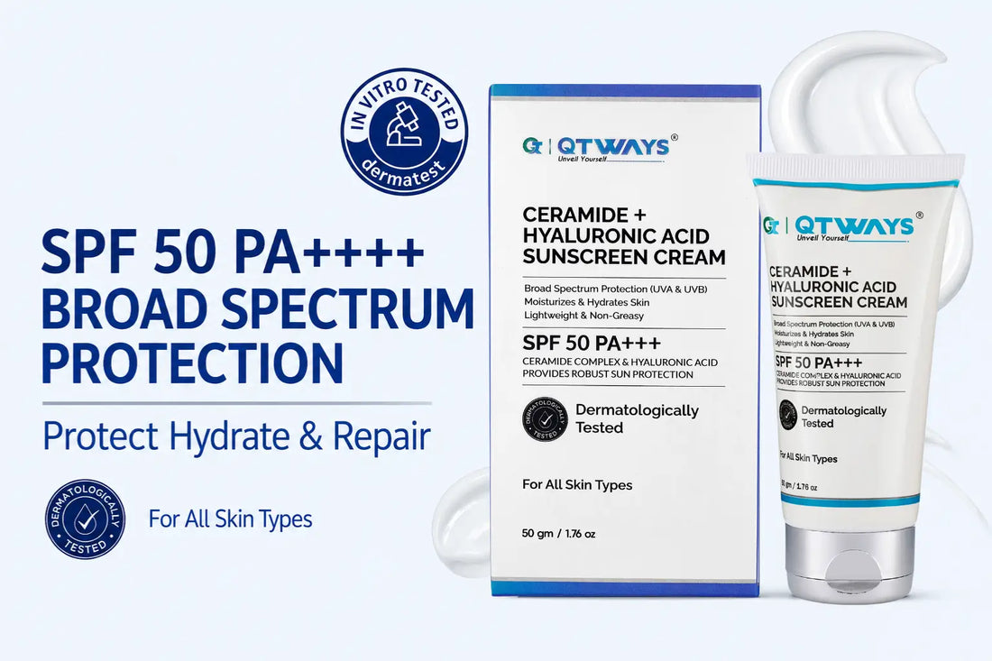 SPF 50 PA+++ Broad Spectrum Protection blog banner featuring Qtways Ceramide + Hyaluronic Acid Sunscreen Cream for hydration, skin barrier repair, and daily UV protection for all skin types.