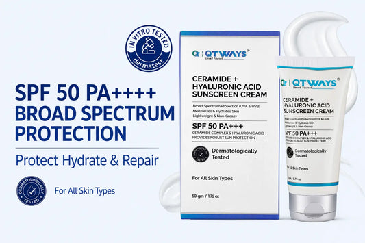 SPF 50 PA+++ Broad Spectrum Protection blog banner featuring Qtways Ceramide + Hyaluronic Acid Sunscreen Cream for hydration, skin barrier repair, and daily UV protection for all skin types.