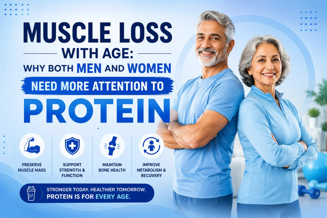 Older man and woman highlighting age-related muscle loss and the importance of protein to preserve muscle mass, support strength, maintain bone health, and aid recovery.