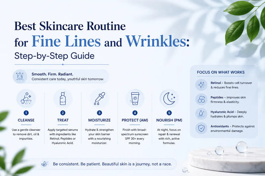 Best skincare routine for fine lines and wrinkles with retinol, peptides, hyaluronic acid, moisturizer and SPF sunscreen for healthy-looking skin.