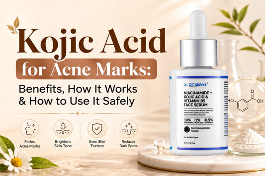 Kojic acid for acne marks featuring QTWAYS Niacinamide, Kojic Acid & Vitamin B5 Face Serum with benefits, how it works, and safe usage for fading dark spots.