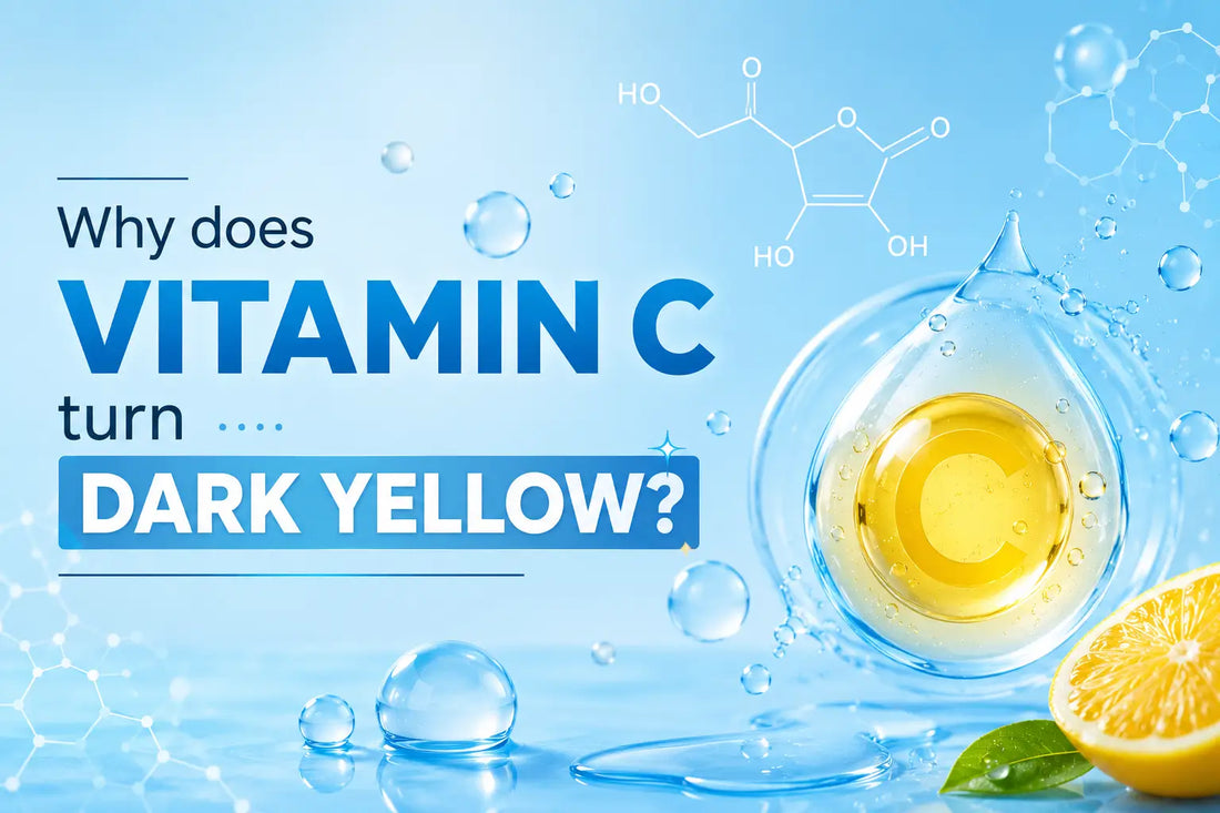 Vitamin C serum oxidation illustrated with yellow serum in a glass droplet, explaining why Vitamin C turns dark yellow due to oxidation from air, light, and heat exposure.