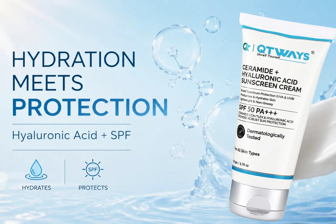 Hydration Meets Protection blog banner featuring Qtways Ceramide + Hyaluronic Acid Sunscreen Cream with SPF 50 PA++++ for moisturizing hydration and broad-spectrum UV protection.