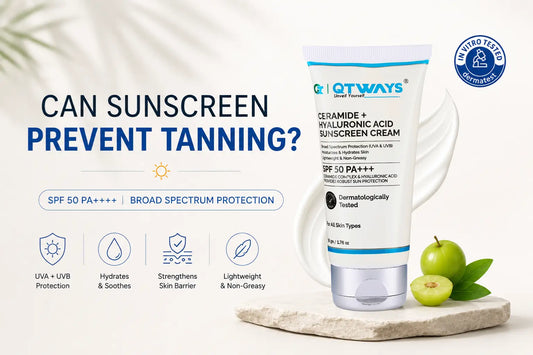 Can Sunscreen Prevent Tanning blog banner featuring Qtways Ceramide + Hyaluronic Acid Sunscreen Cream SPF 50 PA+++ with broad-spectrum UVA and UVB protection to help prevent tanning, hydrate skin, and strengthen the skin barrier.