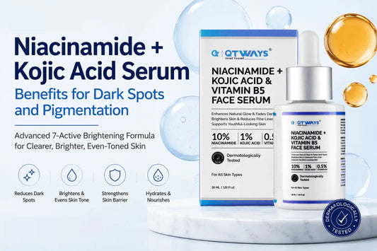 Niacinamide + Kojic Acid Serum blog banner featuring Qtways face serum with 10% niacinamide, kojic acid, and vitamin B5 for reducing dark spots, pigmentation, uneven skin tone, and improving skin brightness.