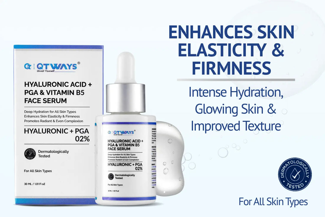 Hyaluronic Acid + PGA Face Serum blog banner featuring Qtways hydrating serum for improving skin elasticity, firmness, deep hydration, glowing skin, and smoother texture for all skin types.