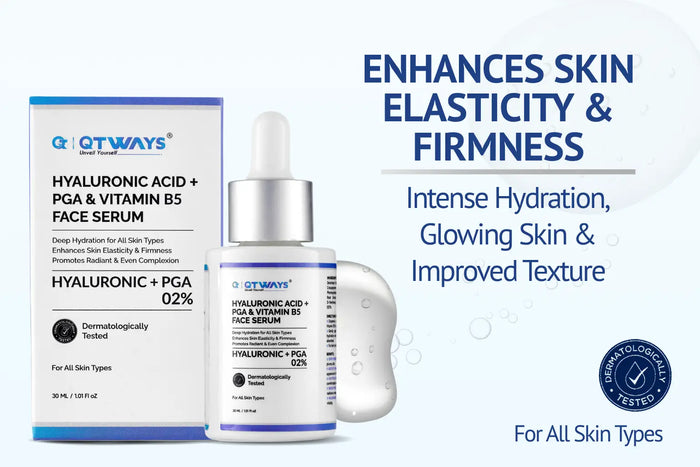 QTWAYS 2% Hyaluronic Acid + PGA + Vitamin B5 Face Serum — 7-Active Deep Hydration with Soybean Ferment, Turmeric & Copper Peptide