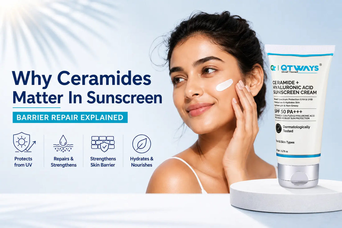 Qtways Ceramide + Hyaluronic Acid Sunscreen blog banner showing a woman applying sunscreen with the text “Why Ceramides Matter In Sunscreen – Barrier Repair Explained” on a soft blue background.