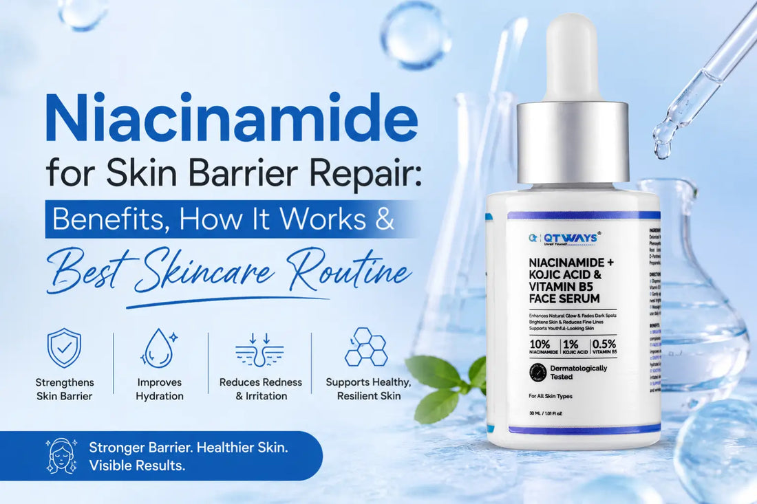 QTWAYS Niacinamide + Kojic Acid + Vitamin B5 Face Serum banner highlighting skin barrier repair, hydration, redness reduction, and healthy skin benefits