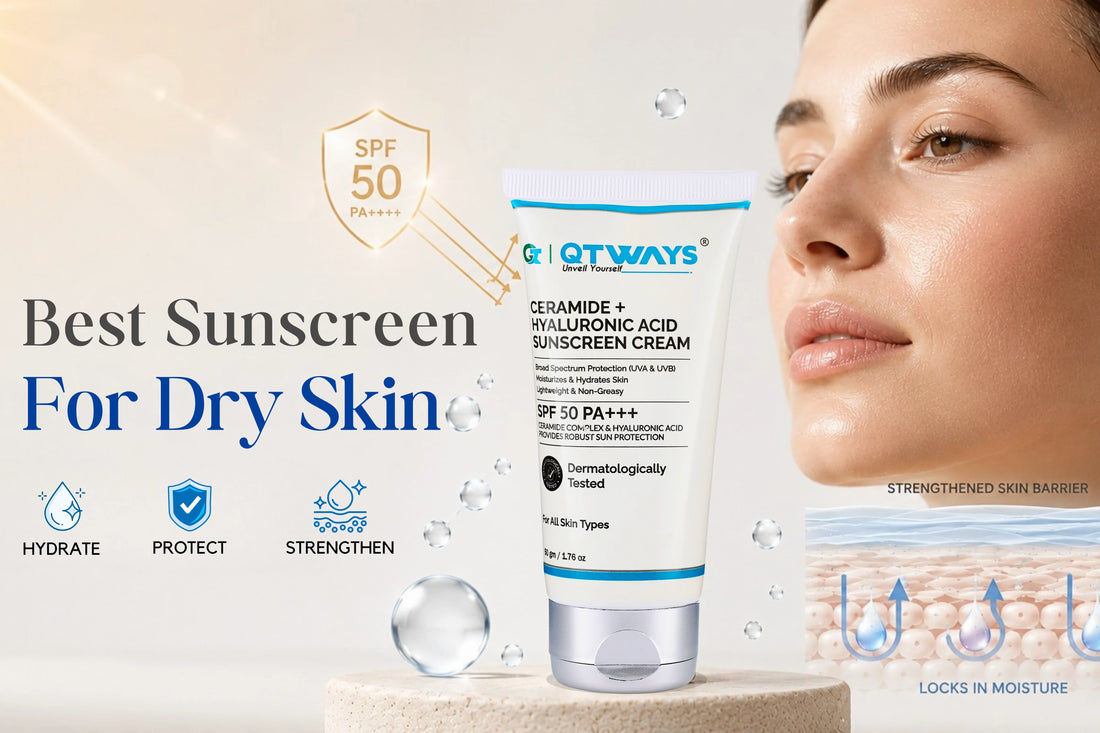 QTWAYS Ceramide + Hyaluronic Acid Sunscreen Cream SPF 50 PA++++ for dry skin with broad spectrum UVA and UVB protection, hydration support and skin barrier strengthening.