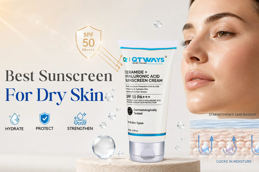 QTWAYS Ceramide + Hyaluronic Acid Sunscreen Cream SPF 50 PA++++ for dry skin with broad spectrum UVA and UVB protection, hydration support and skin barrier strengthening.