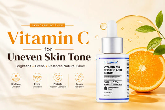 Vitamin C for uneven skin tone featuring QTWAYS Vitamin C & Ferulic Acid Serum to brighten dull skin, fade pigmentation, reduce dark spots, even skin tone, and restore natural glow.