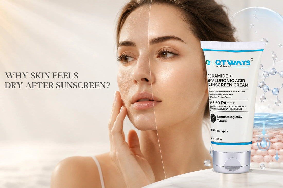 Qtways Ceramide + Hyaluronic Acid Sunscreen Cream SPF 50 PA++++ for dry skin protection and hydration.