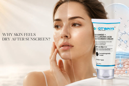 Qtways Ceramide + Hyaluronic Acid Sunscreen Cream SPF 50 PA++++ for dry skin protection and hydration.