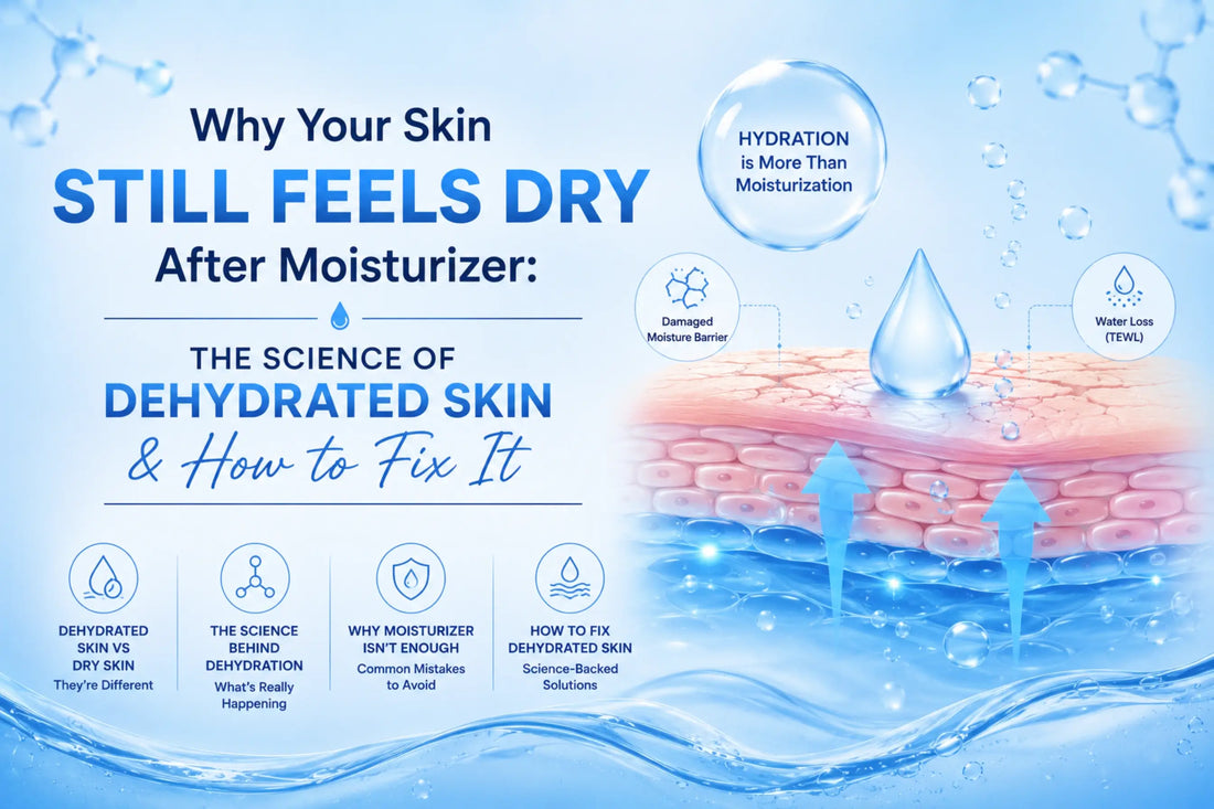 Infographic explaining why skin still feels dry after moisturizer, featuring a skin hydration diagram, damaged skin barrier, TEWL (water loss), and science-backed solutions for dehydrated skin.
