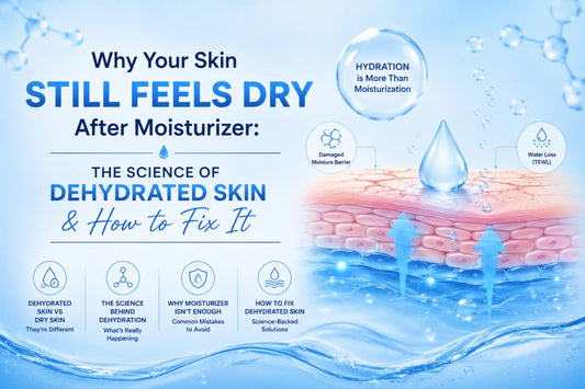 Infographic explaining why skin still feels dry after moisturizer, featuring a skin hydration diagram, damaged skin barrier, TEWL (water loss), and science-backed solutions for dehydrated skin.