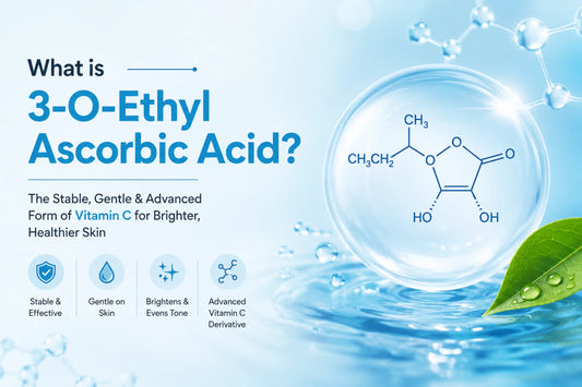 3-O-Ethyl Ascorbic Acid infographic showing the stable Vitamin C derivative for brighter skin, dark spots, and anti-aging benefits.