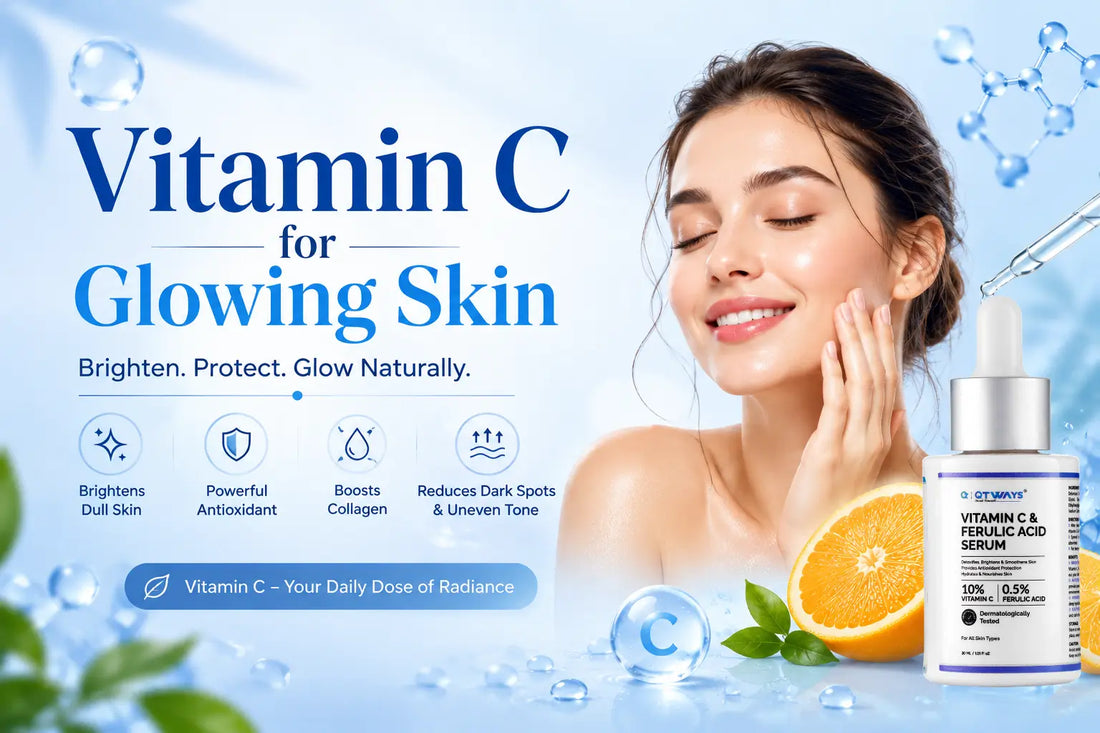 Vitamin C serum for glowing skin with 10% Vitamin C and 0.5% ferulic acid, shown with benefits for brighter skin, antioxidant protection, collagen support, and reduced dark spots.