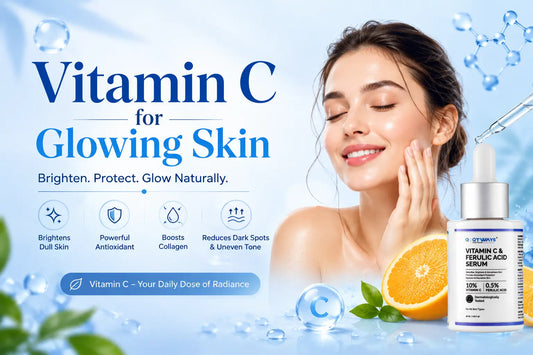 Vitamin C serum for glowing skin with 10% Vitamin C and 0.5% ferulic acid, shown with benefits for brighter skin, antioxidant protection, collagen support, and reduced dark spots.