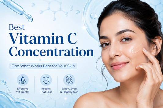 Best Vitamin C concentration for skin, featuring a woman applying vitamin C serum with text highlighting effective, gentle, bright, even and healthy skin.