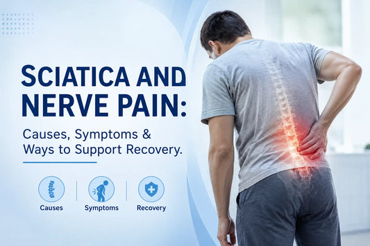 QTWAYS Neuroglad sciatica and nerve pain blog banner showing lower back pain, causes, symptoms and recovery