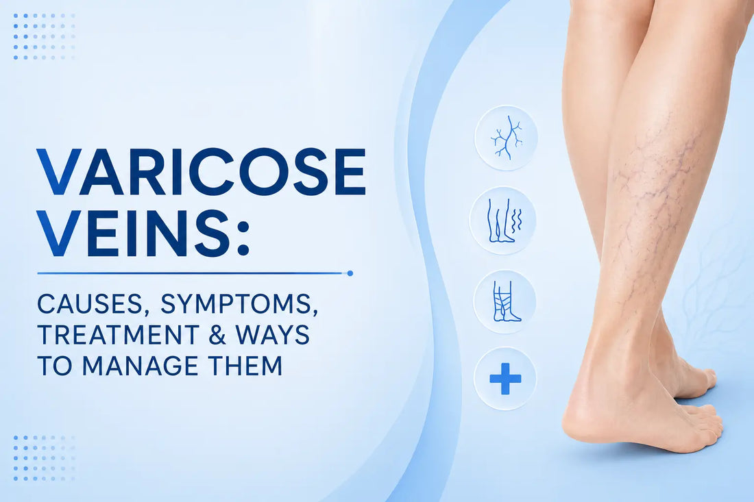 Varicose veins causes, symptoms, treatment and management illustrated with a medical leg showing visible enlarged veins