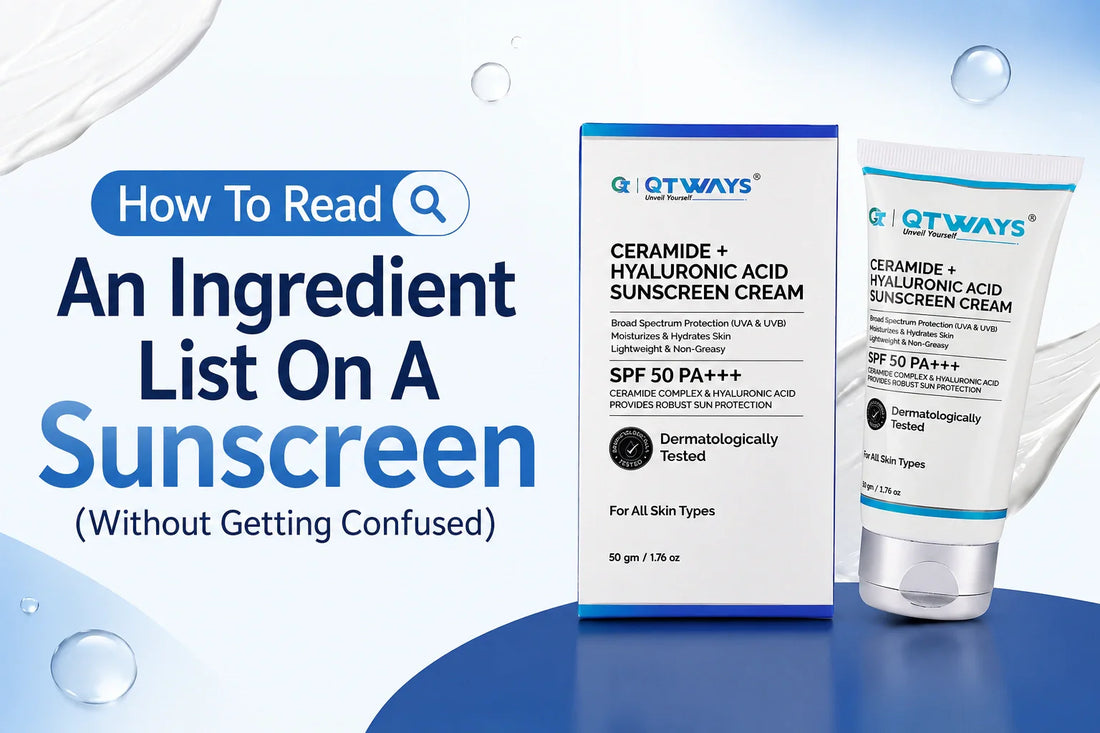 Qtways SPF 50 PA++++ Ceramide and Hyaluronic Acid Sunscreen with ingredient list guide banner.