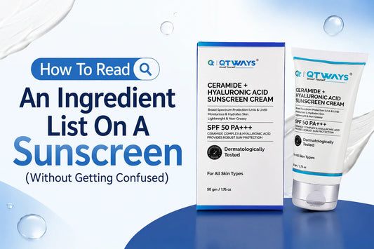 Qtways SPF 50 PA++++ Ceramide and Hyaluronic Acid Sunscreen with ingredient list guide banner.