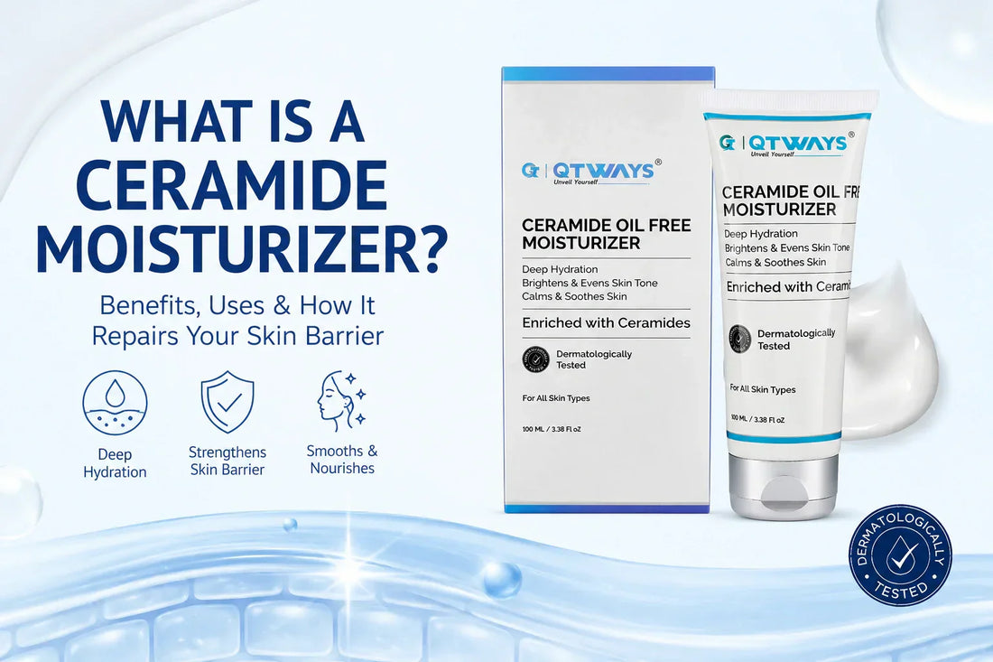 Qtways Ceramide Oil Free Moisturizer blog banner explaining ceramide moisturizer benefits, skin barrier repair, deep hydration, and healthy skin support.