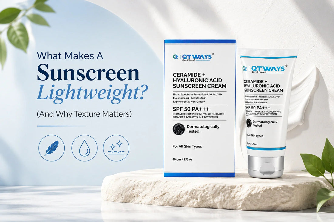 QTWAYS Ceramide and Hyaluronic Acid Sunscreen Cream SPF 50 PA+++ for Indian skin, lightweight non-greasy sunscreen with hydration and skin barrier support, featured in skincare blog banner.