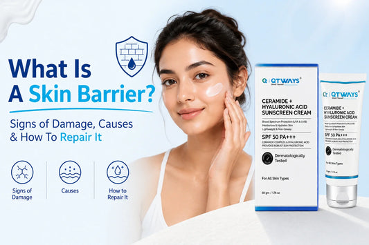 Woman applying skincare cream with Qtways Ceramide + Hyaluronic Acid Sunscreen beside the title What Is A Skin Barrier? Signs of Damage, Causes & How To Repair It