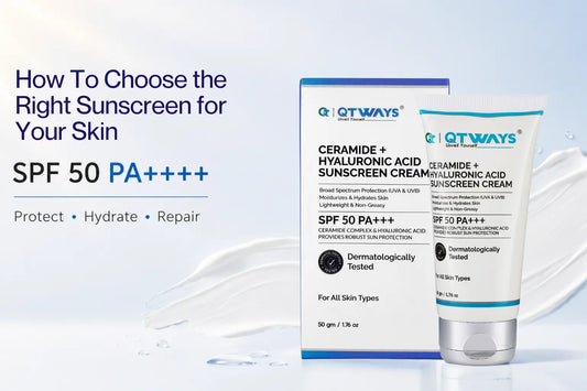 How to Choose the Right Sunscreen for Your Skin blog banner featuring Qtways Ceramide + Hyaluronic Acid Sunscreen Cream SPF 50 PA+++ with broad-spectrum UV protection, hydration, and skin barrier support for all skin types.