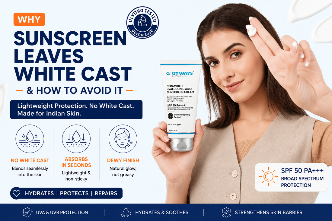 Why Sunscreen Leaves White Cast blog banner featuring Qtways Ceramide + Hyaluronic Acid Sunscreen Cream SPF 50 PA++++ with lightweight no white cast formula, fast absorption, dewy finish, and broad-spectrum UV protection for Indian skin.