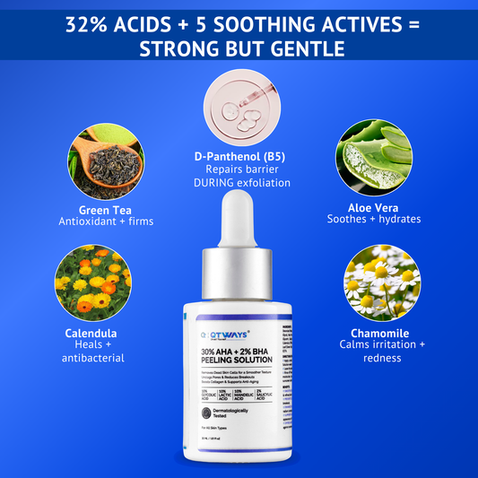 QTWAYS 30 percent AHA and 2 percent BHA Peeling Solution with D Panthenol aloe vera green tea calendula and chamomile for gentle exfoliation and skin soothing care