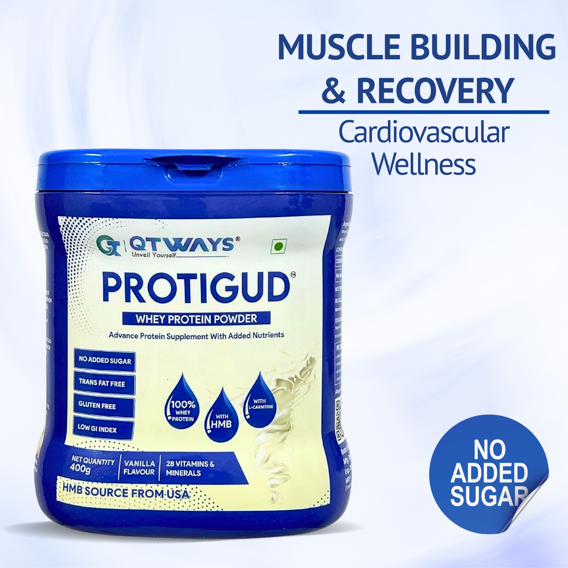 QTWAYS Protigud 100% Whey Protein Powder with HMB 3g & L-Carnitine | 50g Protein/100g | Diabetic Friendly, Zero Sugar | DHA, Amino Acids, 28 Vitamins & Minerals | Soya Free QTWAYS Protigud 100% Whey Protein Powder with HMB 3g & L-Carnitine | 50g Protein/100g | Diabetic Friendly, Zero Sugar | DHA, Amino Acids, 28 Vitamins & Minerals | Soya Free
